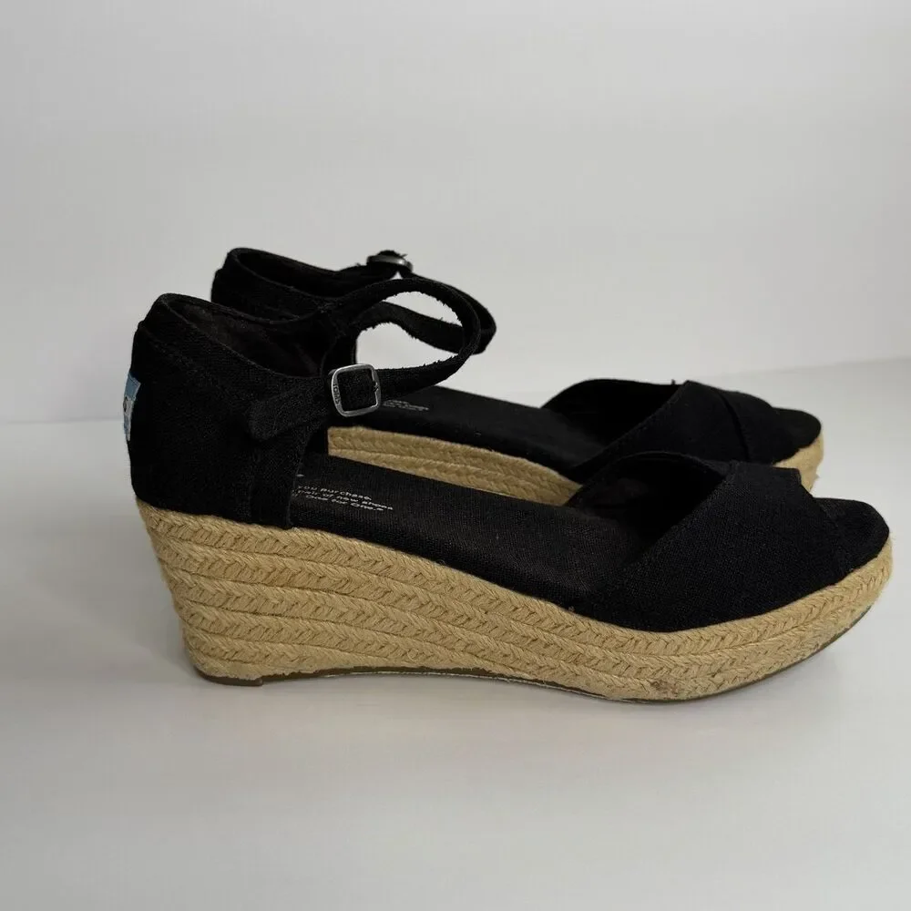 TOMS Black Canvas Peep Toe Jute Wedge Heel‎ Espadrille Sandals Sz 7